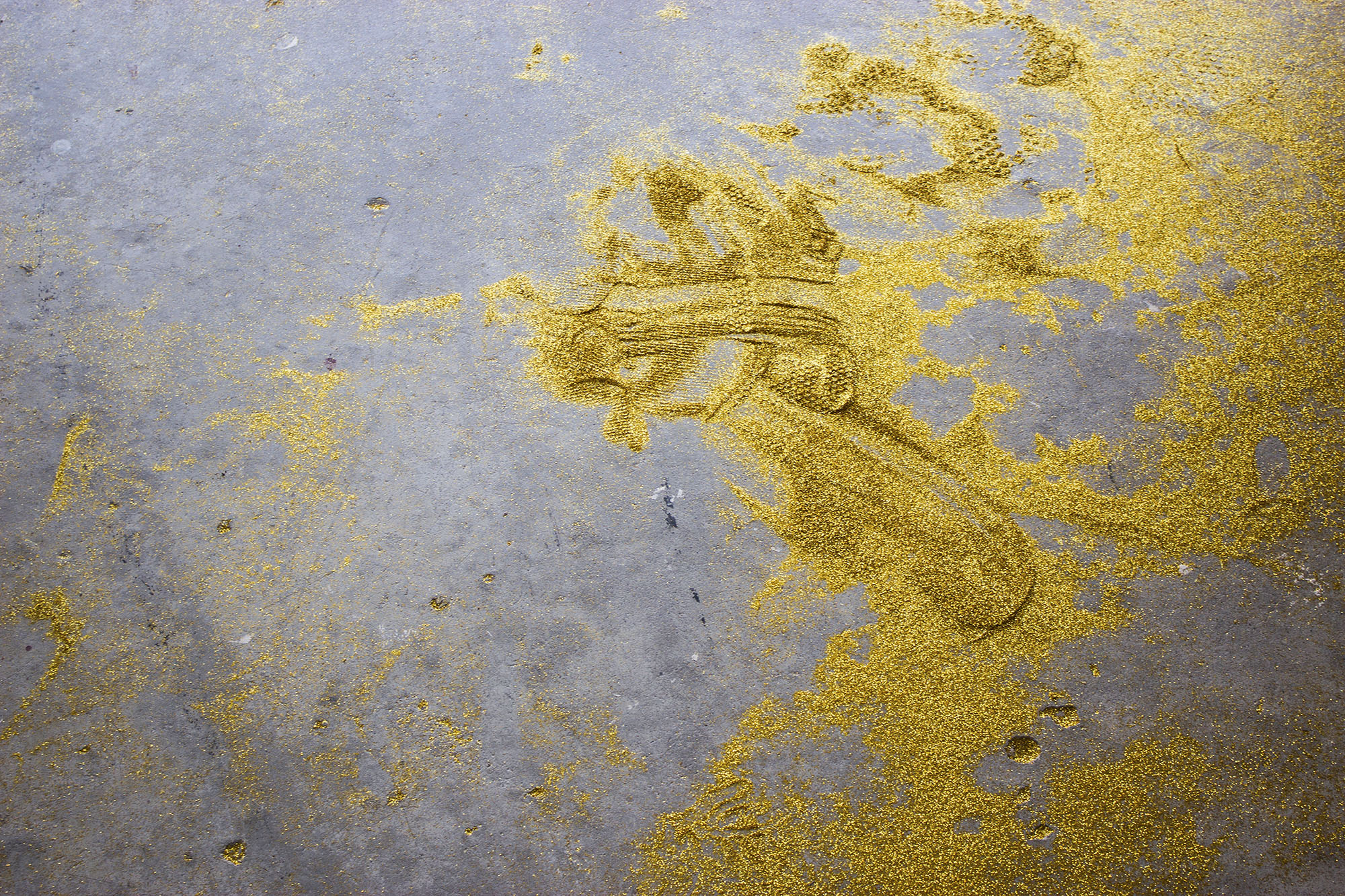 a sol, des tas de paillettes répendues au sol, on discerne des traces de pas.
